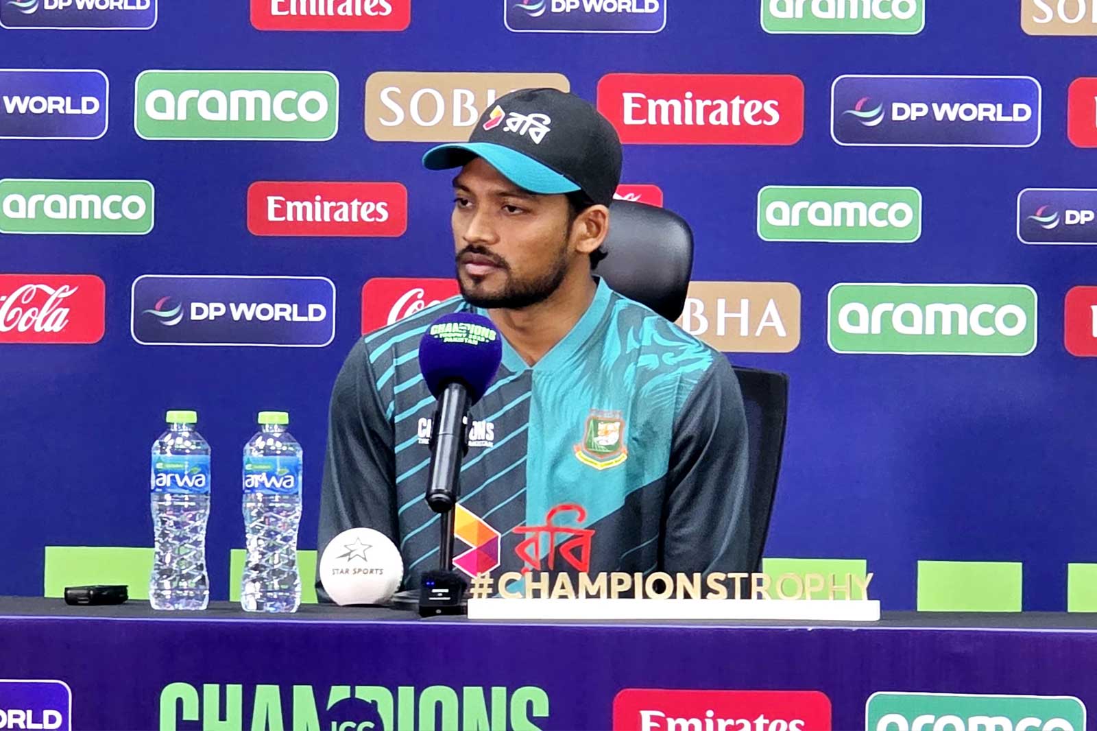 Bangladesh Najmul Hossain Shanto addresses reporters during a press conference. — ICC/File